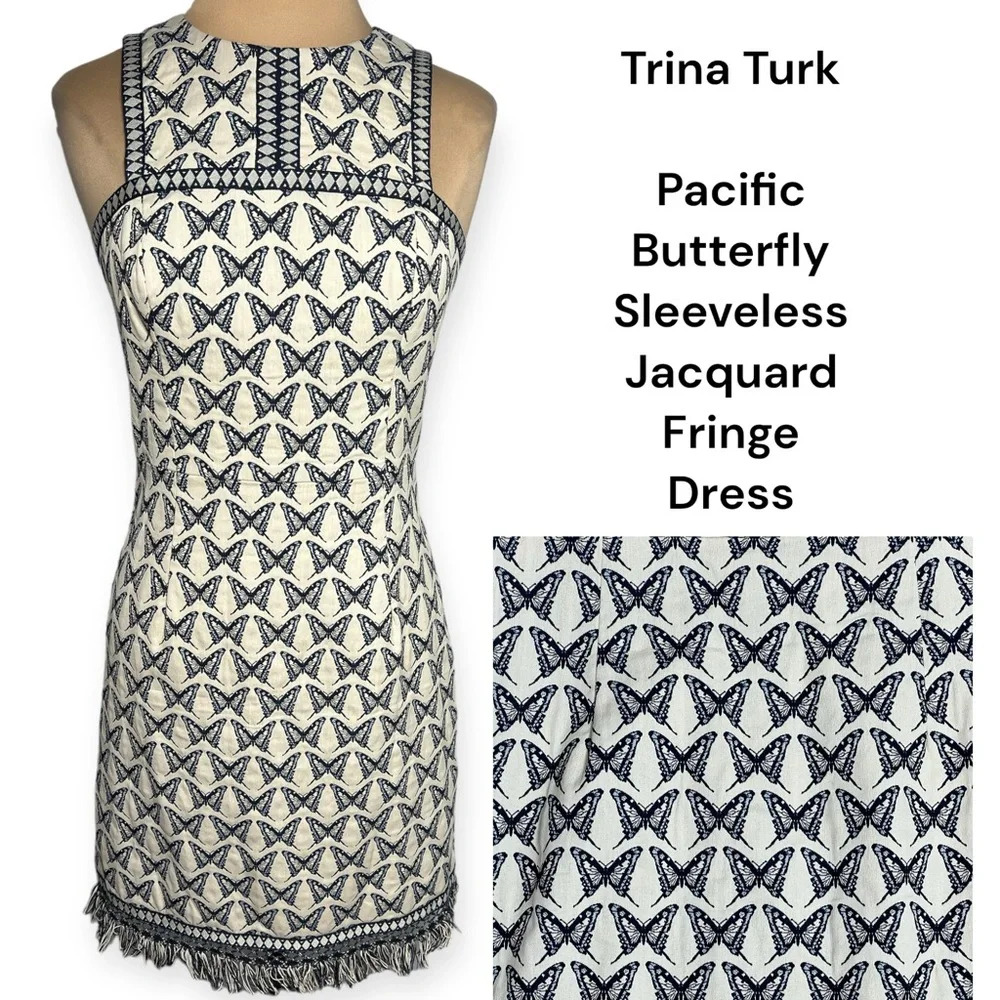 Trina Turk butterfly dress Pacific Butterfly jacquard fringe indigo ivory size 6 - Picture 1 of 14